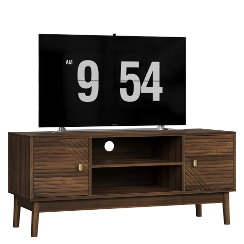 43.31 Inch Walnut Mid-Century Grille Door TV Stand Solid Wood Leg Media Console for 45 Inch TV