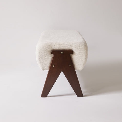 Cream Chenille Upholstered Ottoman Bench, Solid Wood V-Shaped Leg Entryway Shoe Bench for Bedroom & Foyer