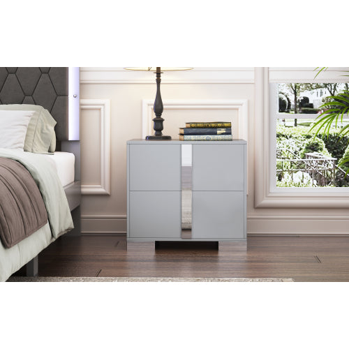 Elegant Nightstand with Metal Foot, Mirrored Bedside Table with 2 Drawers for Bedroom, Living Room, Gray