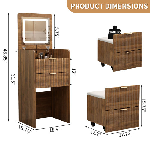 Walnut 3?in?1 Flip?Top Vanity Desk with Rolling Stool, LED Lights & Fluted Drawer