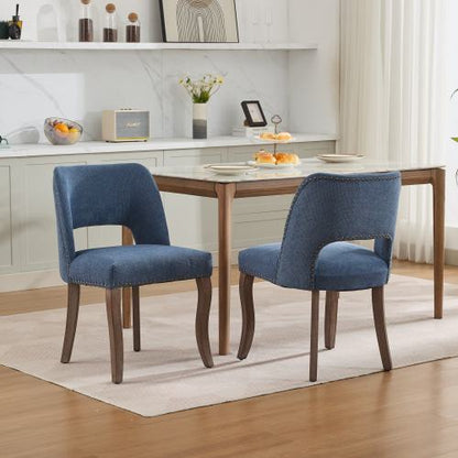 Wooden Dining Chairs Set of 2, Fabric Upholstered Dining Room Chairs with Hollow-Out Back Design, Blue