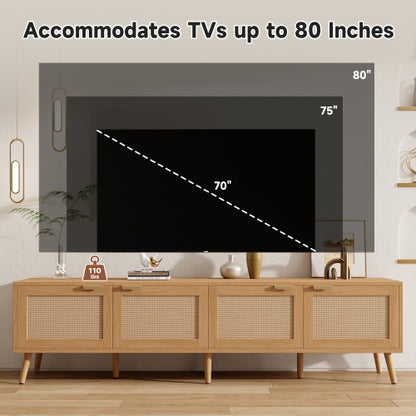 70.87 inch Natural Wood 4-Door PE Rattan TV Stand Media Console With Cable Holes For 80 inch TV