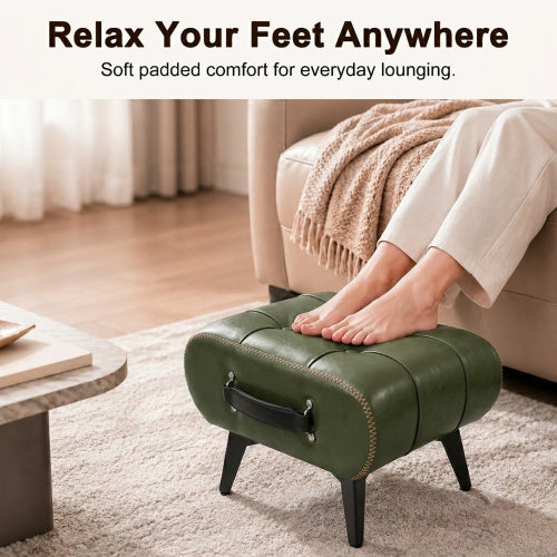 Tufted Faux Leather Rectangular Storage Ottoman with Handle, Metal Leg Multiuse Foot Stool for Entryway Apartment