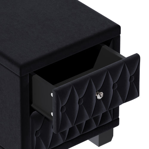 Elegant Velvet Nightstand with 2 Drawers and Crystal Handle, Storage Bedside Table with Button-Tufted, Black