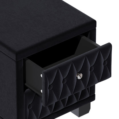 Elegant Velvet Nightstand with 2 Drawers and Crystal Handle, Storage Bedside Table with Button-Tufted, Black