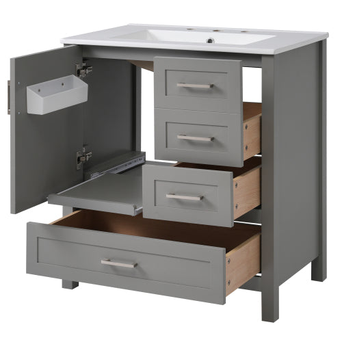 30" Gray Bathroom Vanity with Sink Combination Set, Bathroom Storage Cabinet with Soft Close Door, 3 Soft Close Drawers and Removable Tray, Solid Wood Frame