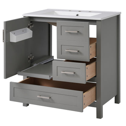 30" Gray Bathroom Vanity with Sink Combination Set, Bathroom Storage Cabinet with Soft Close Door, 3 Soft Close Drawers and Removable Tray, Solid Wood Frame