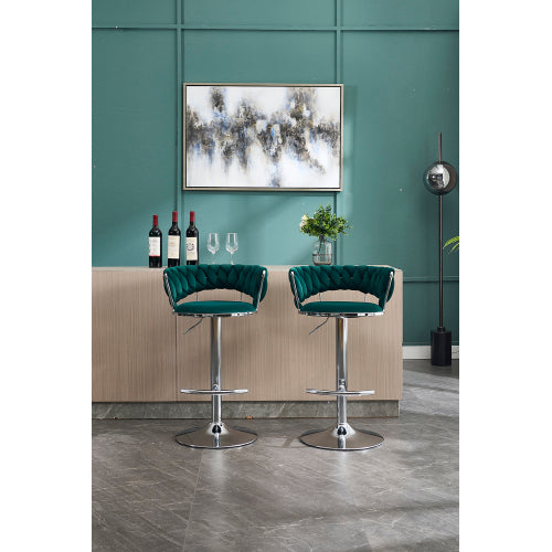 Set of 2 Bar Stools,with Chrome Footrest and Base Swivel Height Adjustable Mechanical Lifting Velvet + Chrome  Leg Simple Bar Stool-GREEN
