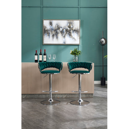 Set of 2 Bar Stools,with Chrome Footrest and Base Swivel Height Adjustable Mechanical Lifting Velvet + Chrome  Leg Simple Bar Stool-GREEN