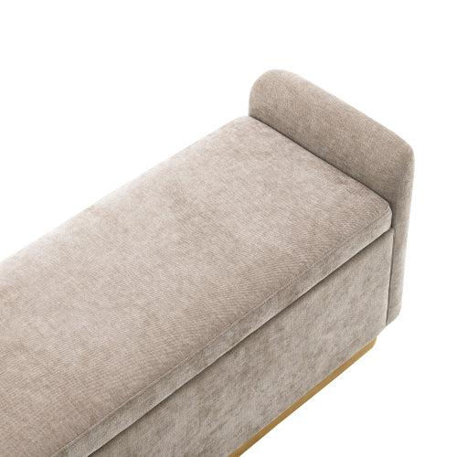 49 inch Brown Chenille Storage Ottoman Bench, Gold Metal Base Wood Frame 350 LBS Safety Hinge Entryway Bench