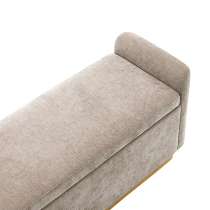 49 inch Brown Chenille Storage Ottoman Bench, Gold Metal Base Wood Frame 350 LBS Safety Hinge Entryway Bench