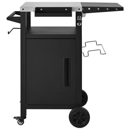 33.9 inch Outdoor Grill Cart with Drop Leaf, Outdoor Metal Bar Cart Pizza Oven Table with Wheels, Stainless Steel Top, Outdoor Kitchen Island with Storage Cabinet & Spice & Paper Rack for BBQ, Waterpr