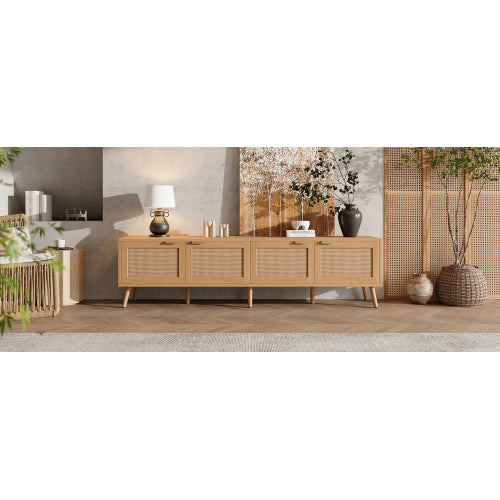 70.87 inch Natural Wood 4-Door PE Rattan TV Stand Media Console With Cable Holes For 80 inch TV