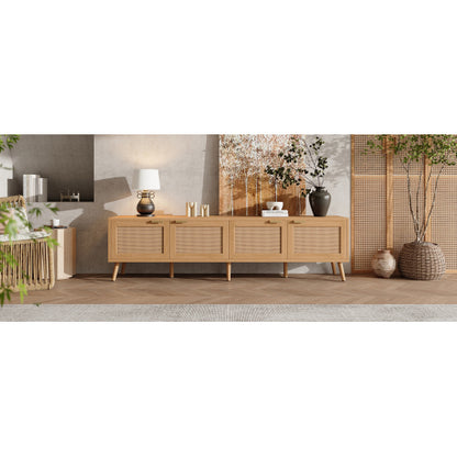 70.87 inch Natural Wood 4-Door PE Rattan TV Stand Media Console With Cable Holes For 80 inch TV