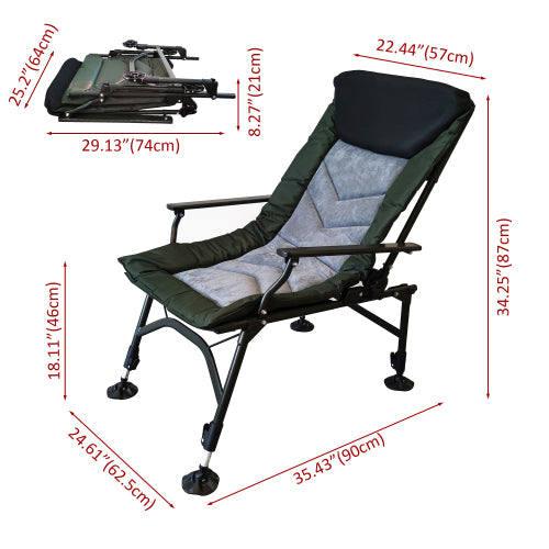Camping Lounge Chair, Portable Folding Reclining Camping Chair with Adjustable backrest for Indoor and Outdoor Camping Beach Hiking Fishing, Green+black+grey