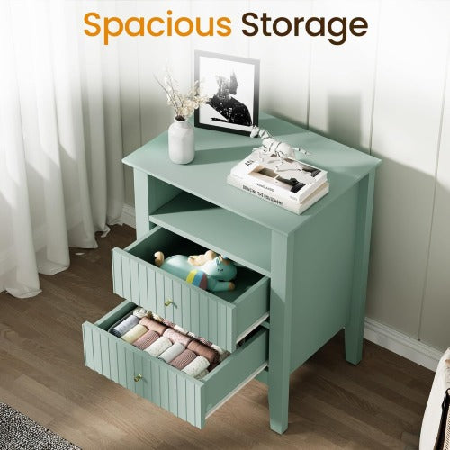 Green Fluted Nightstand with Soft-Close Drawers