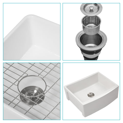 White Farmhouse Sink - 24 x 19 x 10 inch White Kitchen Sink Ceramic Arch Edge Apron Front Single Bowl Farm Kitchen Sinks