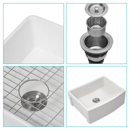 White Farmhouse Sink - 24 x 19 x 10 inch White Kitchen Sink Ceramic Arch Edge Apron Front Single Bowl Farm Kitchen Sinks