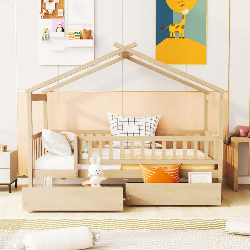 Twin Size Wooden House Bed with Two Drawers, Natural