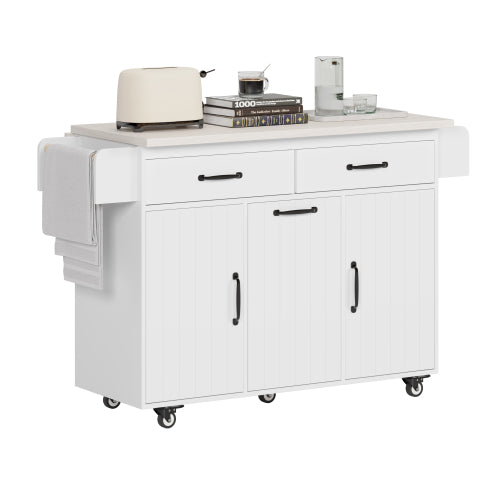 Kitchen Island Cart with Trash Storage Drop Leaf and Adjustable Shelves White