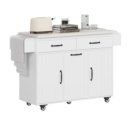 Kitchen Island Cart with Trash Storage Drop Leaf and Adjustable Shelves White