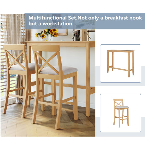 Farmhouse 48inch Rectangular Wood Bar Height Dining Set Kitchen Breakfast Nook with 2 Chairs for Small Places,Natural+Beige
