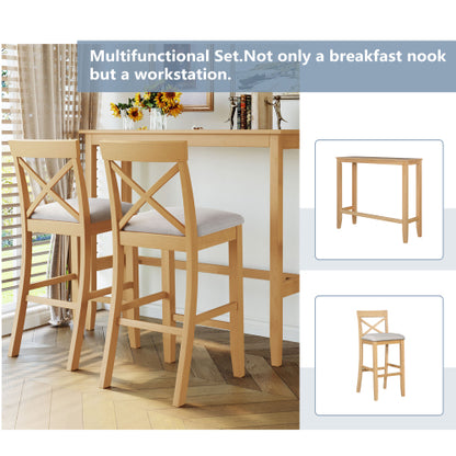 Farmhouse 48inch Rectangular Wood Bar Height Dining Set Kitchen Breakfast Nook with 2 Chairs for Small Places,Natural+Beige