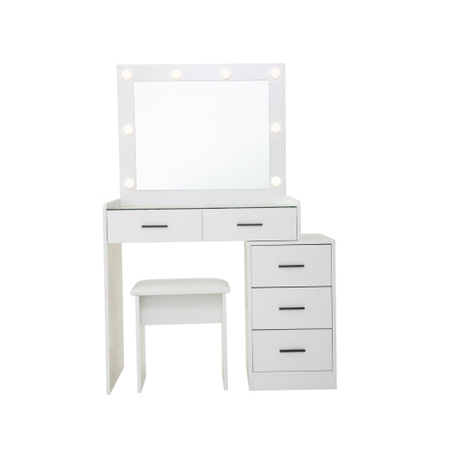 White Adjustable Vanity Desk with 5 Drawers, LED Mirror, 3 Lighting Modes & Matching Stool
