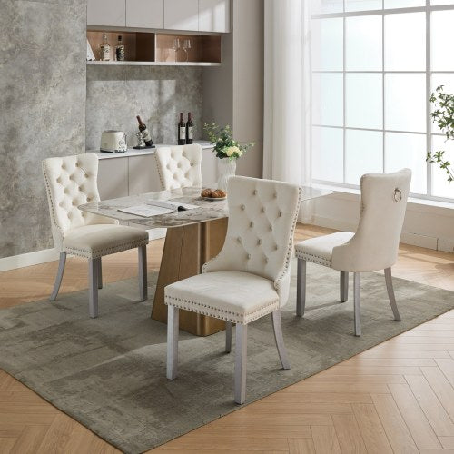 Set of 2 Milky White Mid-Century Velvet Tufted Dining Chairs, Solid Wood Leg Nailhead Trim 280lbs Weight Capacity