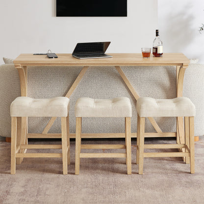 4-Piece 59inch  Bar Set with Outlet, Solid Wood Frame & 3 Linen Stools