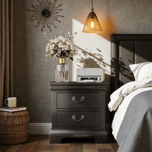 Black Classic 2-Drawer Wooden Nightstand