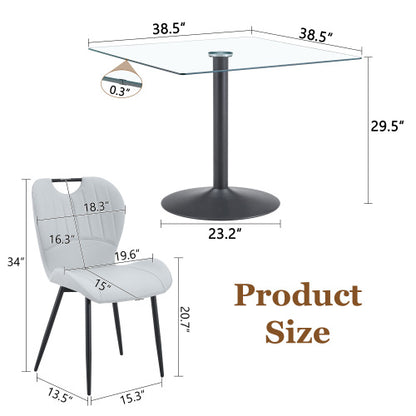 5-Piece Square Glass Dining Set, Single-Column Table & 4 Light Gray PU Handle Chairs