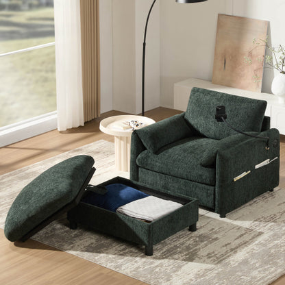 37 inch  Chenille Cloud-Style Single Armchair, Ottoman Storage, USB-C Charging, Phone Holder