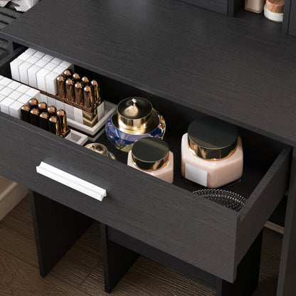 Black Compact LED Vanity Table Set, Power Outlet, Hairdryer Holder & Upholstered Stool