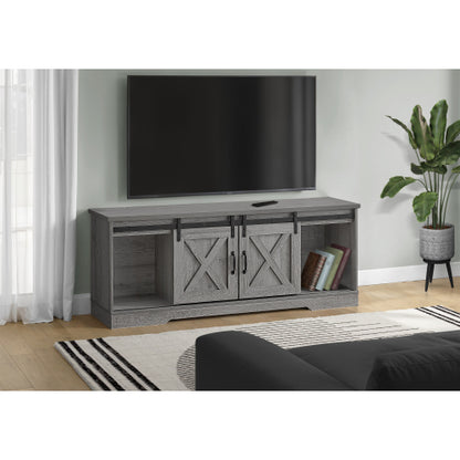 60 Inch Grey Modern Farmhouse TV Stand with Metal Track Sliding Barn Storage Doors