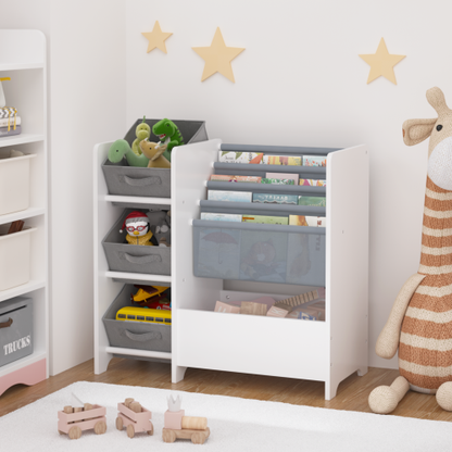 White 4-Tier Kids Bookshelf With 3 Collapsible Fabric Drawers Multi-Functional Toy Book Storage Organizer
