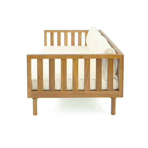 Acacia Wood Patio Furniture Set,Outdoor 3 Seater Daybed(with Water Resistant Thick Cushions)and Round Coffee Table, Beige Cushion