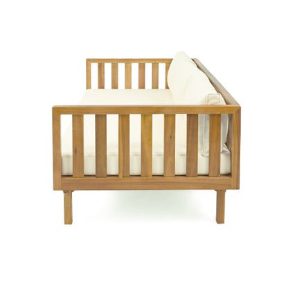 Acacia Wood Patio Furniture Set,Outdoor 3 Seater Daybed(with Water Resistant Thick Cushions)and Round Coffee Table, Beige Cushion