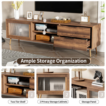 70.8 Inch Walnut Mid-Century TV Stand Tempered Glass Sliding Door Media Console for 75 inch+ TV