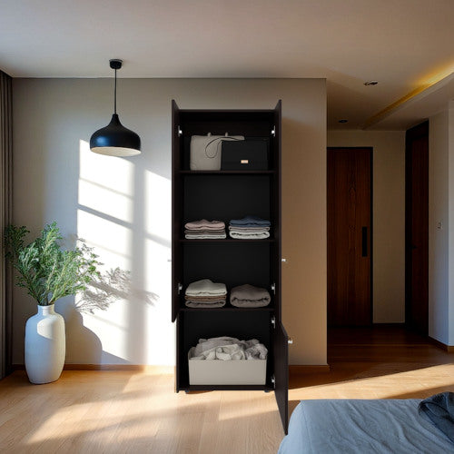 3-Door Tall Wardrobe Cabinet with 4 Shelves – Freestanding Storage Armoire for Bedroom or Entryway, Stained Walnut