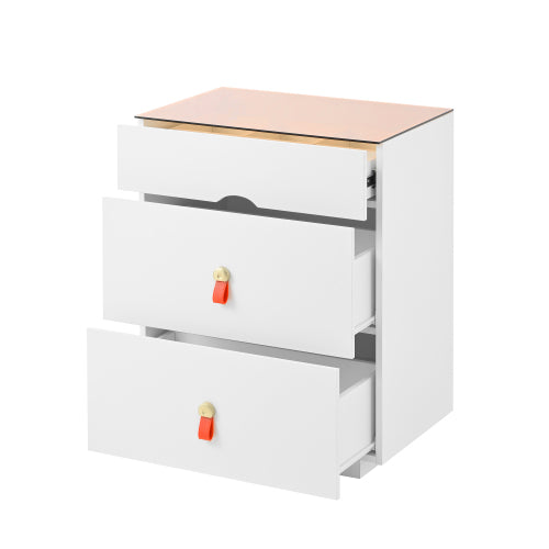 3-Drawer 30'' Nightstand with  LED Light, Modern Nightstand with 3 Storage Drawers, Bedside Table with Glass Top Jewelry Storage and Faux Leather Handles for Bedroom, Livingroom, Cloakroom, White