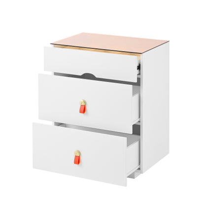3-Drawer 30'' Nightstand with  LED Light, Modern Nightstand with 3 Storage Drawers, Bedside Table with Glass Top Jewelry Storage and Faux Leather Handles for Bedroom, Livingroom, Cloakroom, White