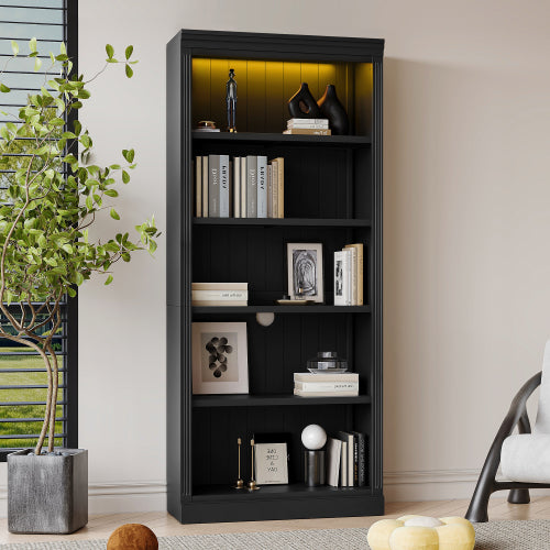 Black 5-Tier Tall Bookshelf With USB LED Light Strip Adjustable Home Display Rack