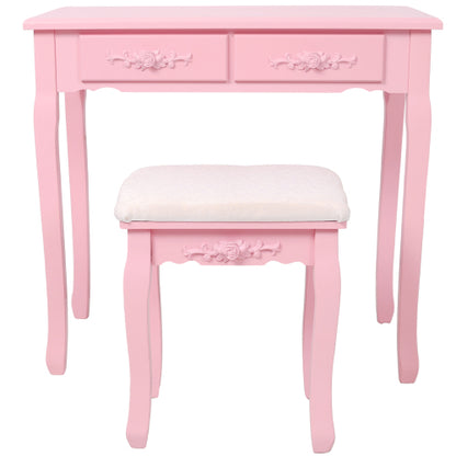 Pink Princess Vanity Desk Set with Mirror & Cushioned Stool, 4-Drawer Wooden Makeup Vanity Table for Girls' Bedroom, Dressing Table with Ample Storage