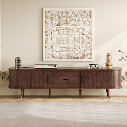 70.8 Inch Mid-Century TV Stand with Tambour Doors, Rattan Drawers & Power Outlet for 80 Inch TV