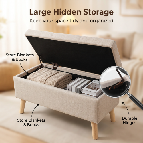 32 inch Wide Square Storage Ottoman Bench with Built-in Tray, Upholstered Footrest, Versatile End of Bed Bench for Bedroom & Entryway
