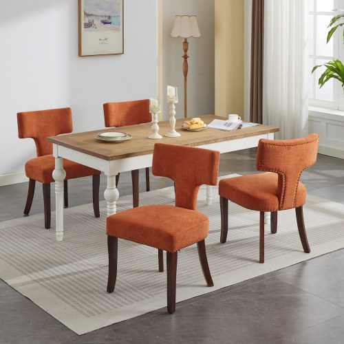 Set of 2 Orange Linen Mid-Century Farmhouse Dining Chairs, Copper Nail Curved Back Walnut Solid Wood Legs 300lbs Capacity
