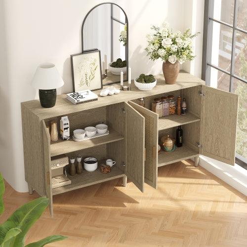 70 Inch Natural Rattan 4-Door Sideboard Adjustable Shelf Storage Cabinet With Solid Wood Legs Easy Assembly