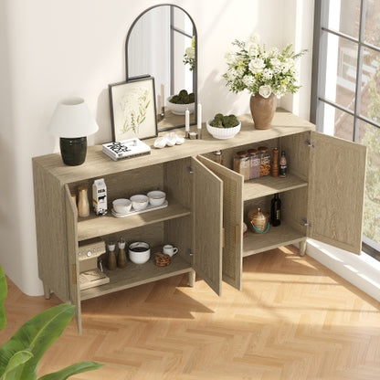 70 Inch Natural Rattan 4-Door Sideboard Adjustable Shelf Storage Cabinet With Solid Wood Legs Easy Assembly