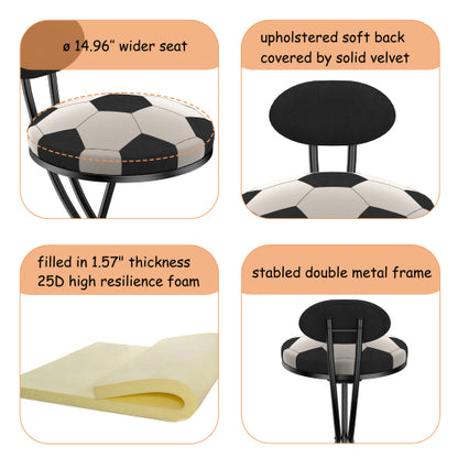 Upholstered S-shaped Barstools Set of 2 Velvet Counter Bar Stools Football Print Round Dining Stool for Kitchen & Living Room (Black Frame & Black Back)
